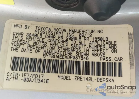 2013 Toyota Corolla S from USA, damaged, VIN 5YFBU4EEXDP087846